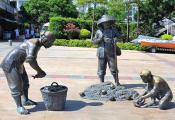 制作喷漆渔民雕塑 中式村口民俗雕塑 草地捕鱼雕塑
