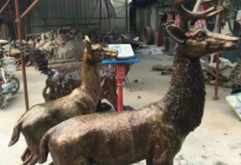 铜鹿雕塑，铸铜动物雕塑
