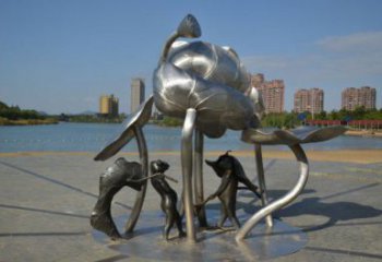 宜春莲蓬嬉戏雕塑，城市植物景观雕塑，不锈钢镜面效果